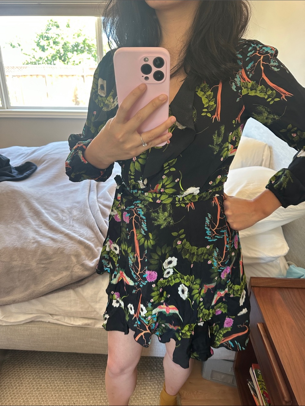 Cynthia Rowley Black Floral Ruffle Wrap Mini Dress